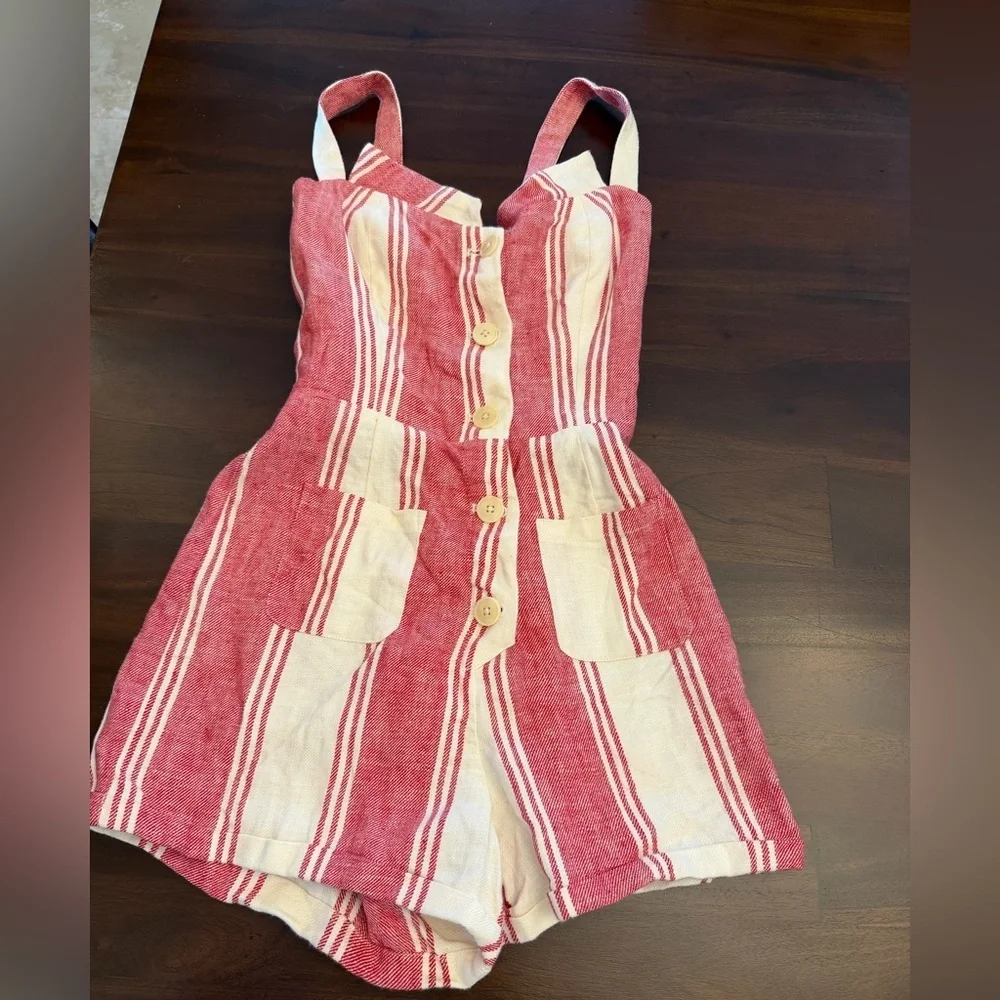 Reformation Coconut Linen Romper in the red and white Cuba Stripe (114)